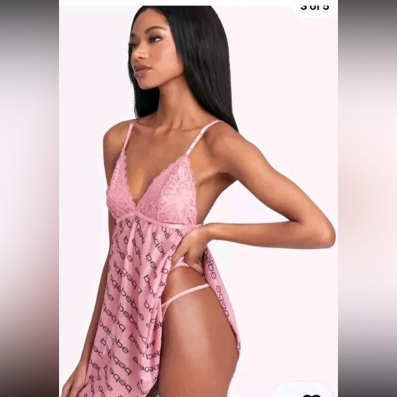 Bebe  Lingerie Babydoll Mesh Set Sexy Blush Lace Sz M See Through New Y2k - Picture 1 of 10